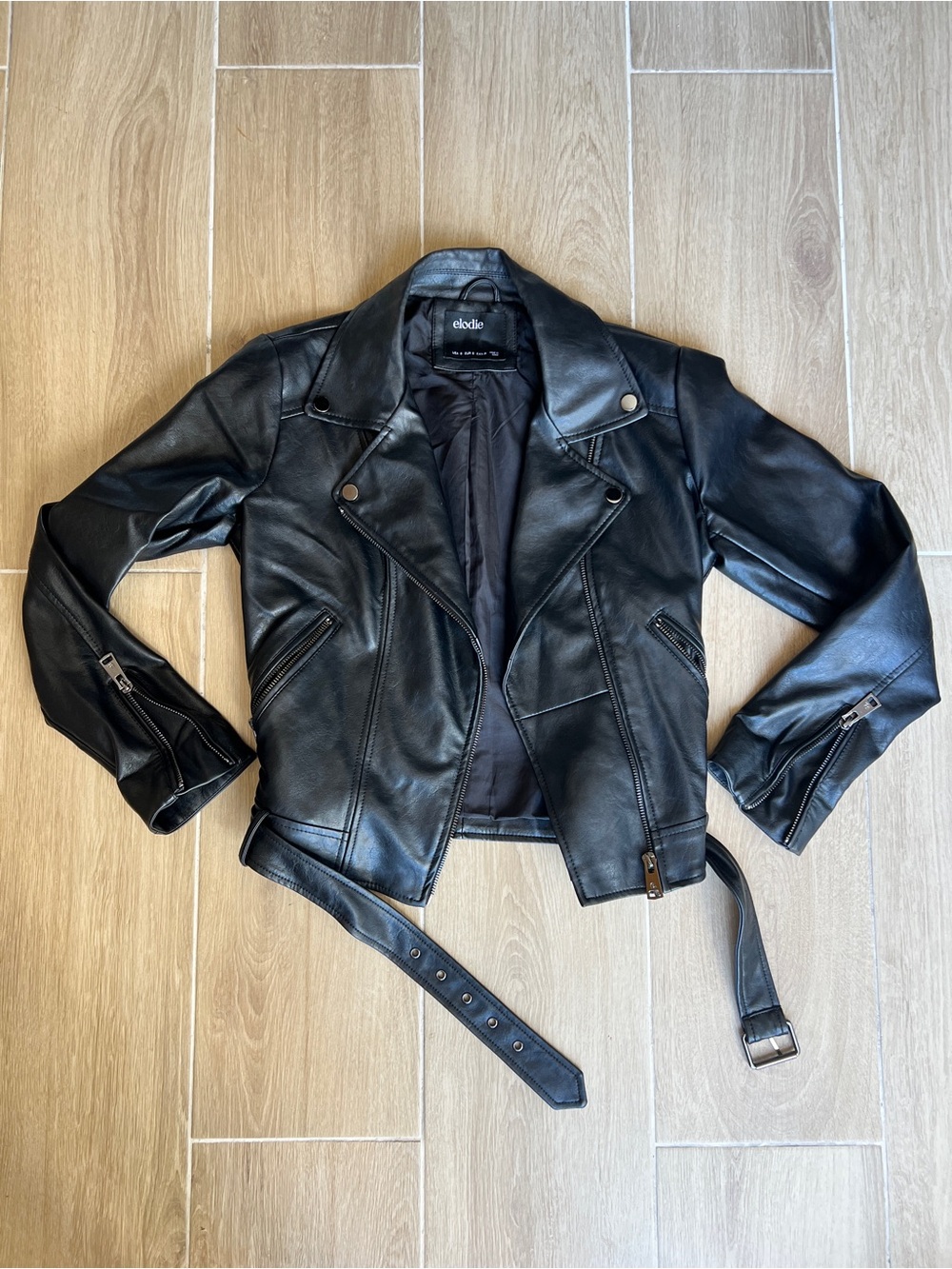 Elodie Black Faux Leather Moto Jacket with Belt